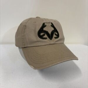 RealTree Hat Khaki Embroidered Black And Green Antlers Distressed SnapBack